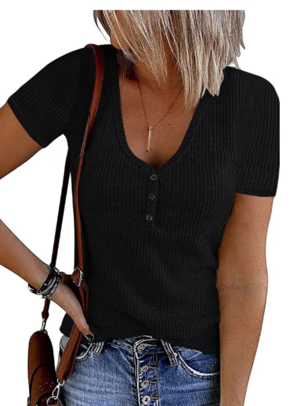 ATHMILE Classic Black Ribbed Shortsleeve Henley Tee - Women Size Small NWT